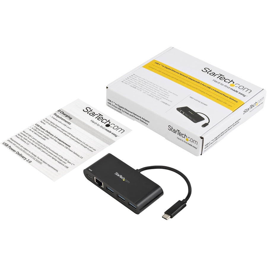 StarTech.com USB-C to Ethernet Adapter with 3-Port USB 3.0 Hub and Power Delivery - USB-C GbE Network Adapter + USB Hub w/ 3 USB-A Ports — US1GC303APD