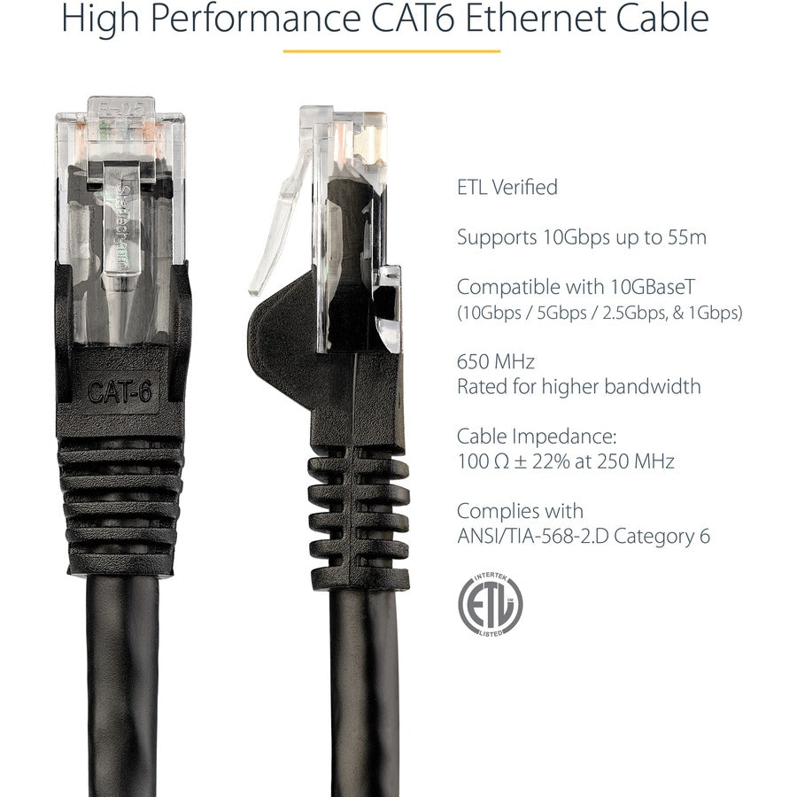 StarTech.com 1ft CAT6 Ethernet Cable - Black Snagless Gigabit - 100W PoE UTP 650MHz Category 6 Patch Cord UL Certified Wiring/TIA — N6PATCH1BK