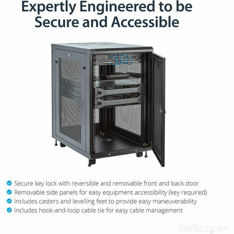 StarTech.com 18U 19" Server Rack Cabinet 4 Post Adjustable Depth 2-30" w/Casters/Cable Management/1U Shelf, Locking Doors and Side Panels — RK1833BKM