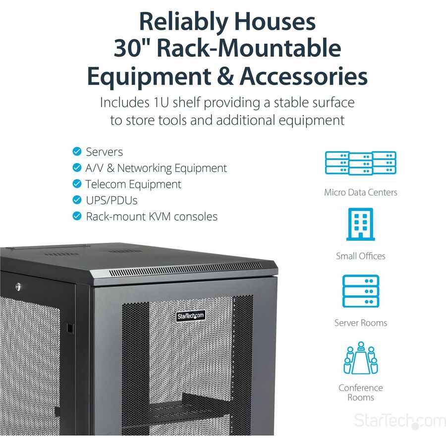 StarTech.com 18U 19" Server Rack Cabinet 4 Post Adjustable Depth 2-30" w/Casters/Cable Management/1U Shelf, Locking Doors and Side Panels — RK1833BKM