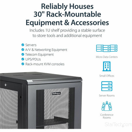 StarTech.com 18U 19" Server Rack Cabinet 4 Post Adjustable Depth 2-30" w/Casters/Cable Management/1U Shelf, Locking Doors and Side Panels — RK1833BKM