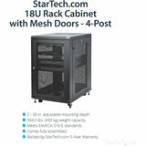 StarTech.com 18U 19" Server Rack Cabinet 4 Post Adjustable Depth 2-30" w/Casters/Cable Management/1U Shelf, Locking Doors and Side Panels — RK1833BKM