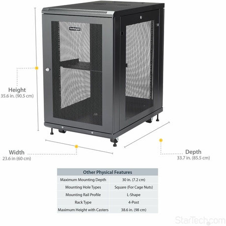 StarTech.com 18U 19" Server Rack Cabinet 4 Post Adjustable Depth 2-30" w/Casters/Cable Management/1U Shelf, Locking Doors and Side Panels — RK1833BKM