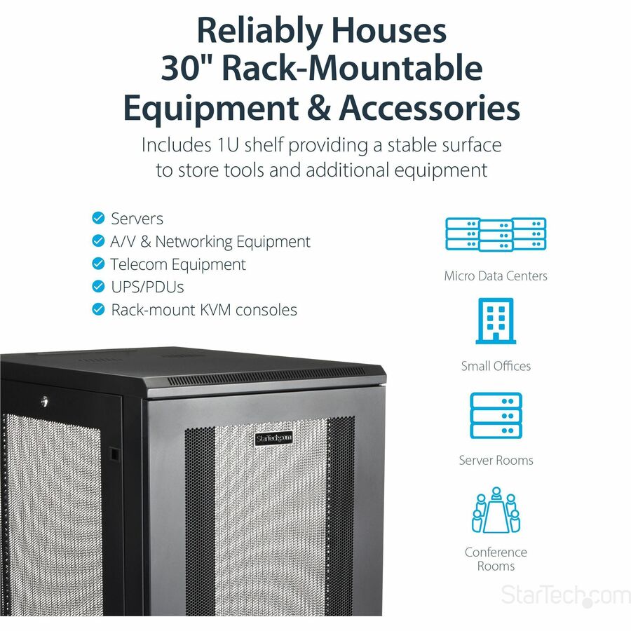 StarTech.com 24U 19" Server Rack Cabinet 4 Post Adjustable Depth 2-30" w/Casters/Cable Management/1U Shelf, Locking Doors and Side Panels — RK2433BKM