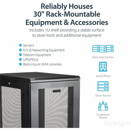 StarTech.com 24U 19" Server Rack Cabinet 4 Post Adjustable Depth 2-30" w/Casters/Cable Management/1U Shelf, Locking Doors and Side Panels — RK2433BKM