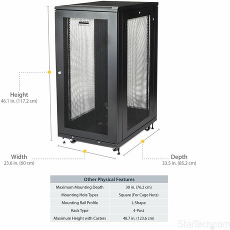 StarTech.com 24U 19" Server Rack Cabinet 4 Post Adjustable Depth 2-30" w/Casters/Cable Management/1U Shelf, Locking Doors and Side Panels — RK2433BKM