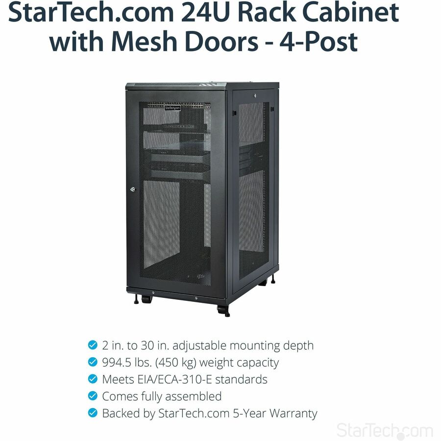 StarTech.com 24U 19" Server Rack Cabinet 4 Post Adjustable Depth 2-30" w/Casters/Cable Management/1U Shelf, Locking Doors and Side Panels — RK2433BKM