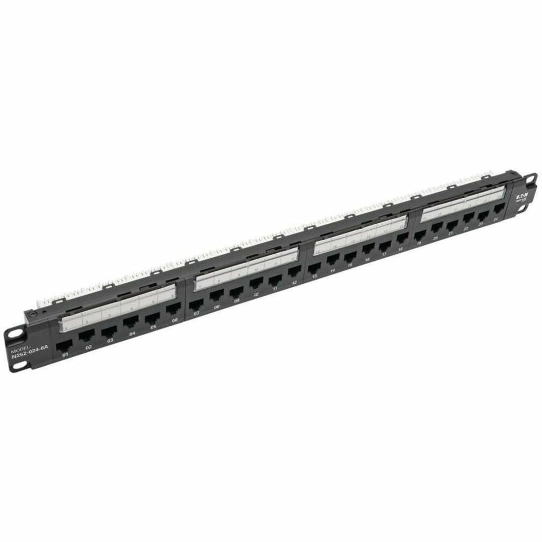 Eaton Tripp Lite Series 24-Port 1U Rack-Mount Cat6a 110 Patch Panel with Cable Management Bar, 110 Punchdown, RJ45, TAA — N252-024-6A