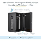 StarTech.com 4-Post 18U Wall Mount Network Cabinet, 19" Hinged Wall-Mounted Server Rack for Data / IT Equipment, Lockable Rack Enclosure — RK1820WALHM