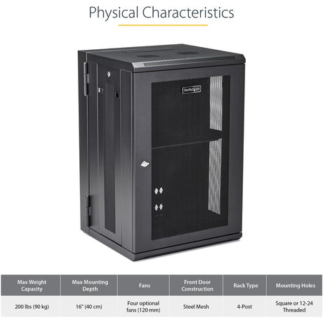 StarTech.com 4-Post 18U Wall Mount Network Cabinet, 19" Hinged Wall-Mounted Server Rack for Data / IT Equipment, Lockable Rack Enclosure — RK1820WALHM
