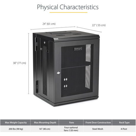 StarTech.com 4-Post 15U Wall Mount Network Cabinet, 19" Hinged Wall-Mounted Server Rack for Data / IT Equipment, Lockable Rack Enclosure — RK1520WALHM