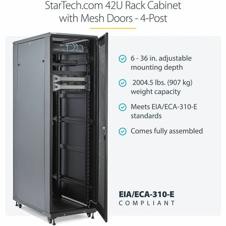 StarTech.com 4-Post 42U Server Rack Cabinet, 19" Data Rack Cabinet for Computer / IT Equipment mount, Rack Server Cabinet with Casters — RK4236BKB