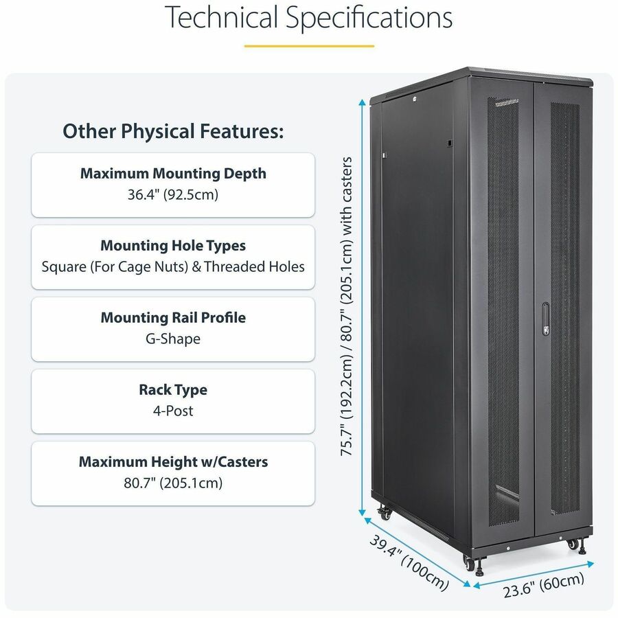 StarTech.com 4-Post 42U Server Rack Cabinet, 19" Data Rack Cabinet for Computer / IT Equipment mount, Rack Server Cabinet with Casters — RK4236BKB