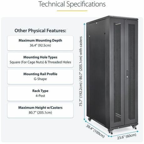 StarTech.com 4-Post 42U Server Rack Cabinet, 19" Data Rack Cabinet for Computer / IT Equipment mount, Rack Server Cabinet with Casters — RK4236BKB