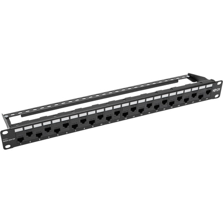 Eaton Tripp Lite Series 24-Port 1U Rack-Mount Cat5e/6 Offset Feed-Through Patch Panel with Cable Management Bar, RJ45 Ethernet, TAA — N254-024-OF