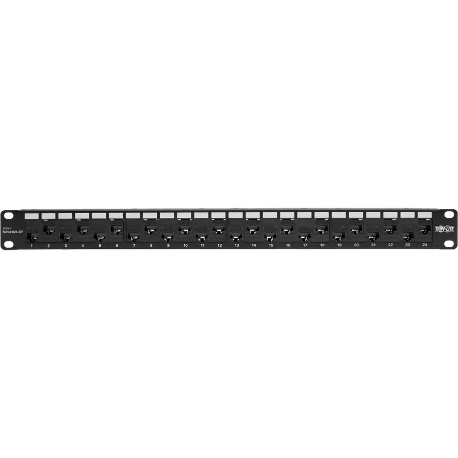 Eaton Tripp Lite Series 24-Port 1U Rack-Mount Cat5e/6 Offset Feed-Through Patch Panel with Cable Management Bar, RJ45 Ethernet, TAA — N254-024-OF