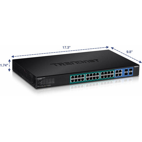 TRENDnet 28-Port Web Smart PoE+ Switch; 24 x Gigabit PoE+ Ports; 4 x Shared Gigabit Ports (RJ-45 or SFP); VLAN; QoS; LACP; IPv6 Support; 370W PoE Power Budget; Lifetime Protection; TPE-5028WS