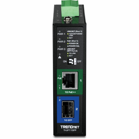 TRENDnet Hardened Industrial SFP to Gigabit UPoE Media Converter; IP30 Rated Housing; Includes DIN-rail & Wall Mounts; Operating Temp. -40 to 75 ?C (-40 to 167 ?F); TI-UF11SFP