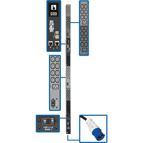 Tripp Lite by Eaton 14.5kW 200-240V 3PH Monitored PDU - LX Interface, Gigabit, 48 Outlets, IEC 309 60A Blue Input, LCD, 3 m Cord, 0U 1.8 m Height, TAA — PDU3EVN10G60B
