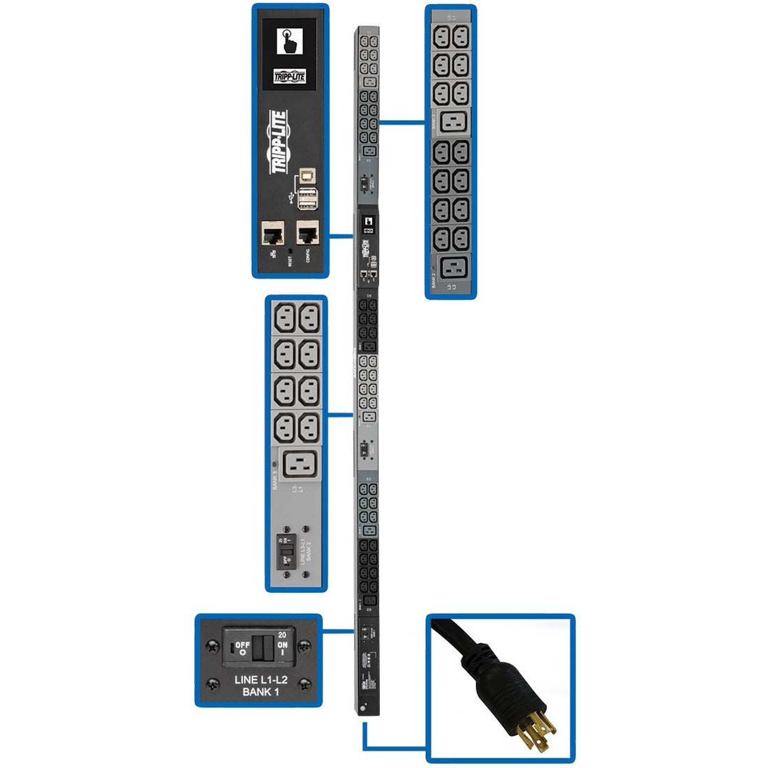 Tripp Lite by Eaton 10kW 200-240V 3PH Monitored PDU - LX Interface, Gigabit, 48 Outlets, L15-30P, LCD, 1.8 m Cord, 0U 1.8 m Height, TAA — PDU3EVN6L1530B