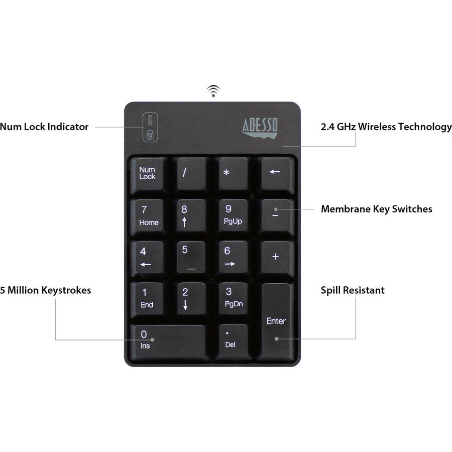Adesso Wireless Spill Resistant 18-Key Numeric Keypad — WKB-6010UB