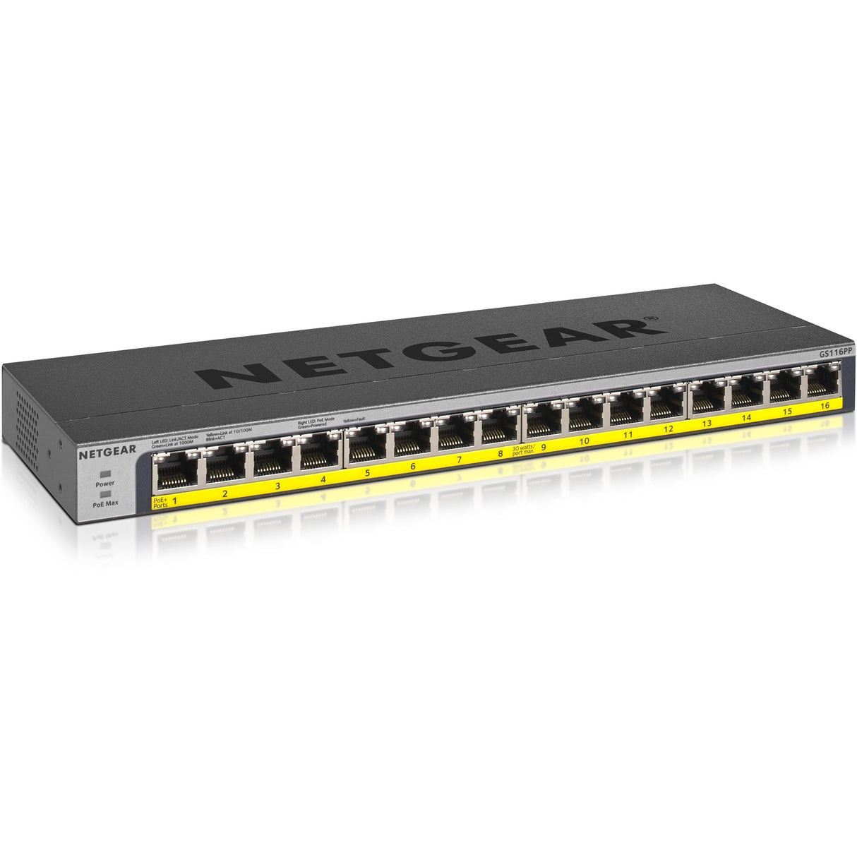 Netgear 16-Port 183W PoE/PoE+ Gigabit Ethernet Unmanaged Switch — GS116PP-100NAS