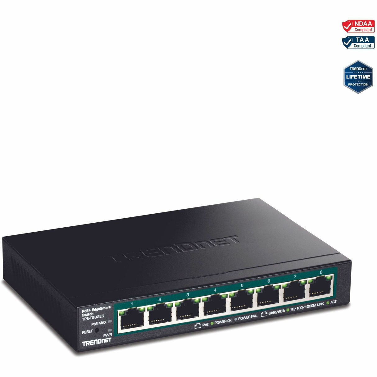 TRENDnet 8-Port Gigabit EdgeSmart PoE+ Switch, 8 x Gigabit PoE+ Ports, 64W PoE Power Budget, Managed PoE+ Switch, Wall Mountable, Desktop Ethernet Switch, Lifetime Protection, Black, TPE-TG82ES