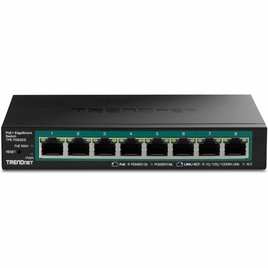 TRENDnet 8-Port Gigabit EdgeSmart PoE+ Switch, 8 x Gigabit PoE+ Ports, 64W PoE Power Budget, Managed PoE+ Switch, Wall Mountable, Desktop Ethernet Switch, Lifetime Protection, Black, TPE-TG82ES