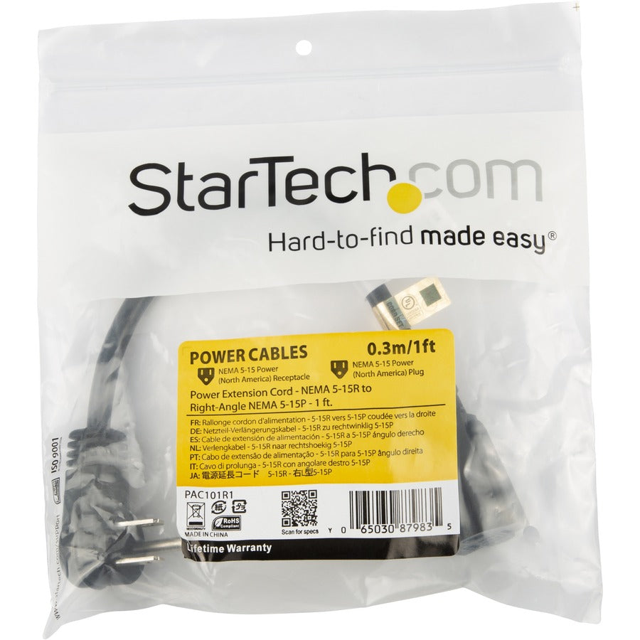 StarTech.com 1ft (0.3m) Power Extension Cord, Right Angle NEMA 5-15P to NEMA 5-15R, 13A 125V, 16AWG, Black, Outlet Extension Cable — PAC101R1