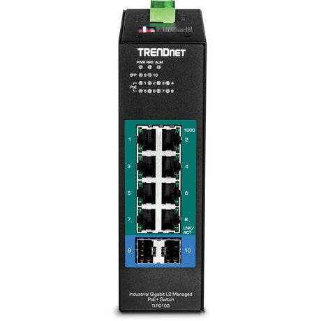 TRENDnet 10-Port Industrial Gigabit L2 Managed PoE+ DIN-Rail Switch, 8 x Gigabit PoE+ Ports, DIN-Rail Mount, 2 x SFP Slots, 2457V DC Power Input, IP30, VLAN, Lifetime Protection, Black, TI-PG102i