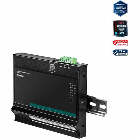 TRENDnet 8-Port Industrial Gigabit PoE+ Wall-Mounted Front Access Switch; 8X Gigabit PoE+ Ports; DIN-Rail Mount; 48 57V DC Power Input; IP30; 200W PoE Budget; Lifetime Protection; TI-PG80F