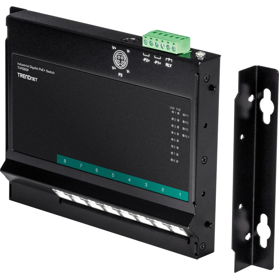 TRENDnet 8-Port Industrial Gigabit PoE+ Wall-Mounted Front Access Switch; 8X Gigabit PoE+ Ports; DIN-Rail Mount; 48 57V DC Power Input; IP30; 200W PoE Budget; Lifetime Protection; TI-PG80F