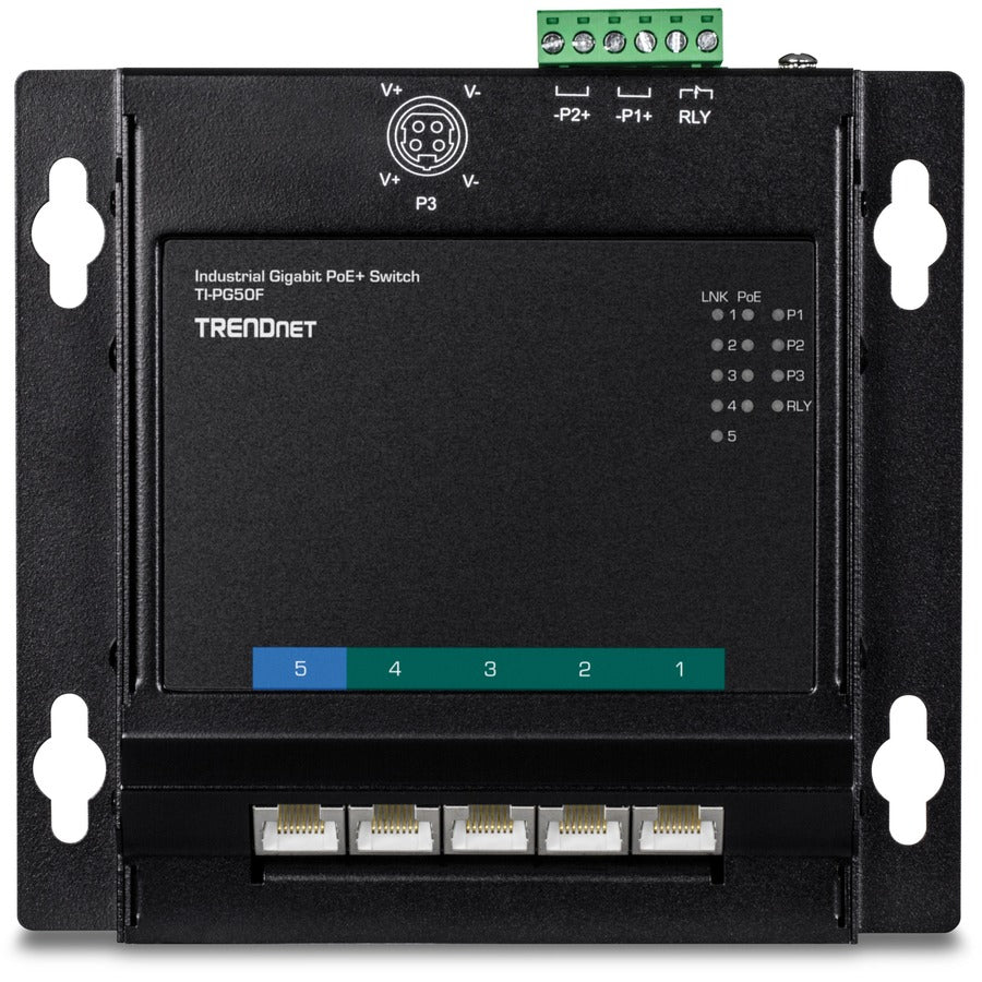 TRENDnet 5-Port Industrial Gigabit PoE+ Wall-Mounted Front Access Switch; 5X Gigabit PoE+ Ports; DIN-Rail Mount; 48 57V DC Power Input; IP30; 120W PoE Budget; Lifetime Protection; TI-PG50F
