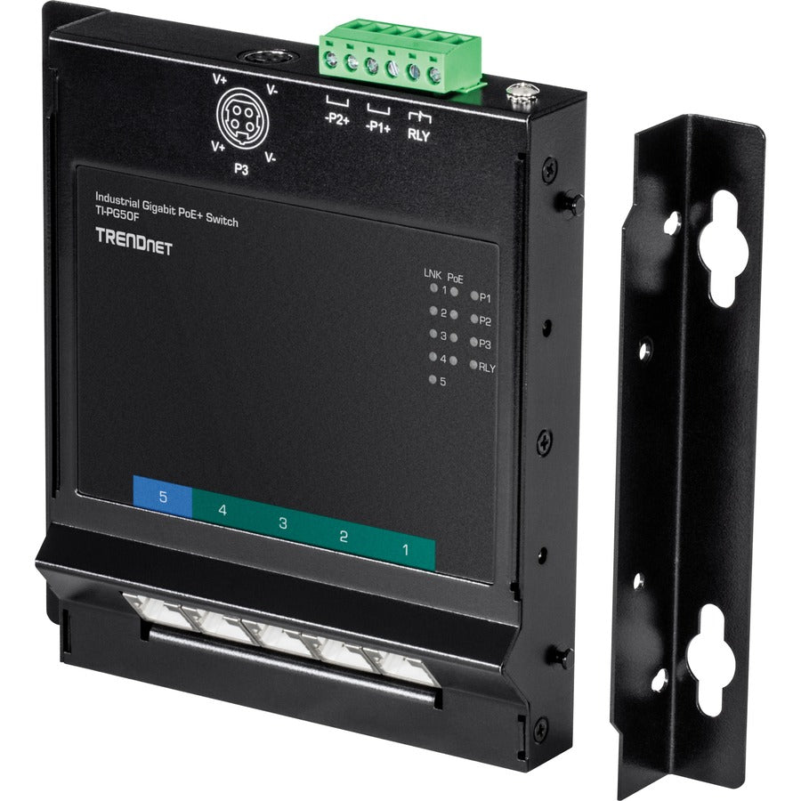 TRENDnet 5-Port Industrial Gigabit PoE+ Wall-Mounted Front Access Switch; 5X Gigabit PoE+ Ports; DIN-Rail Mount; 48 57V DC Power Input; IP30; 120W PoE Budget; Lifetime Protection; TI-PG50F