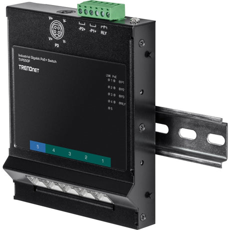 TRENDnet 5-Port Industrial Gigabit PoE+ Wall-Mounted Front Access Switch; 5X Gigabit PoE+ Ports; DIN-Rail Mount; 48 57V DC Power Input; IP30; 120W PoE Budget; Lifetime Protection; TI-PG50F