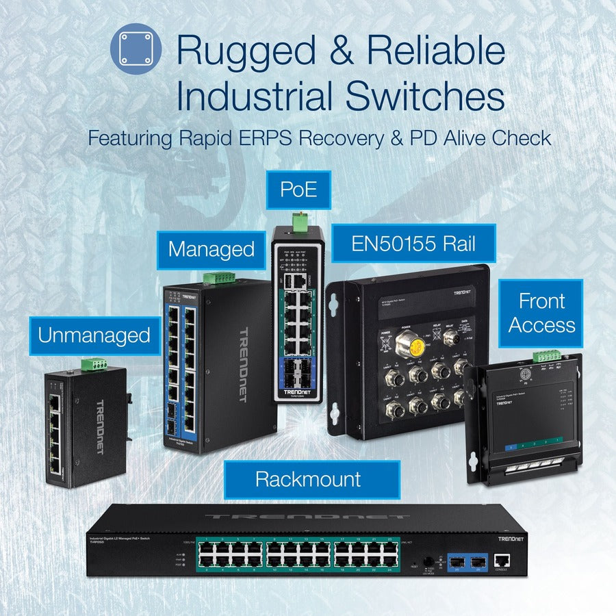 TRENDnet 10-Port Industrial Gigabit L2 Managed DIN-Rail Switch, TI-G102i, 8 X Gigabit, 2 X SFP Slots, DIN-Rail Mount, IP30, Ethernet Splitter, NDAA & TAA Compliant, Lifetime Protection, Black