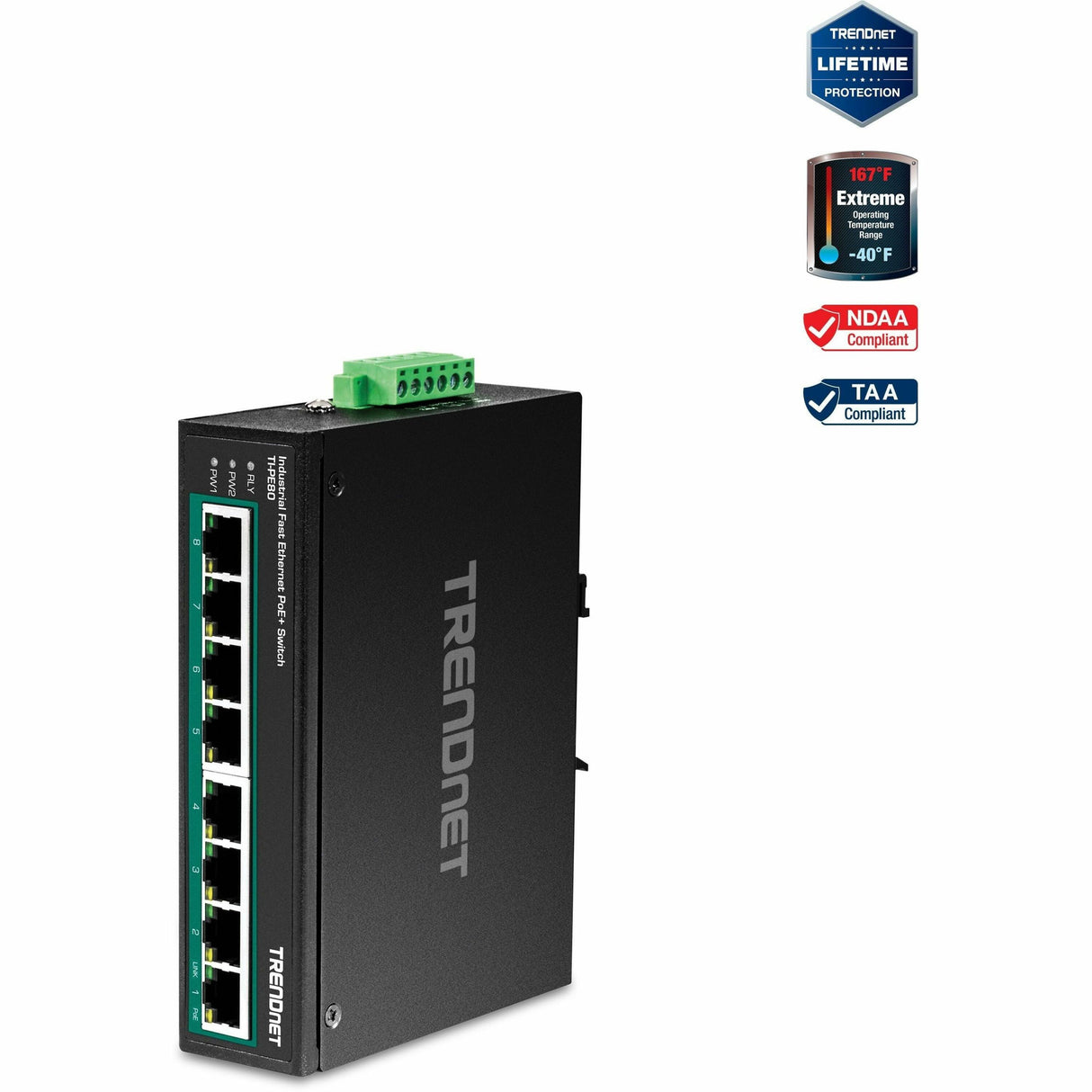 TRENDnet 8-Port Industrial Fast Ethernet PoE+ DIN-Rail Switch;TI-PE80;8 x Fast Ethernet PoE+ Ports;IP30 Network Unmanaged Switch;200W PoE Power Budget; 1.6Gbps Switching Capacity; Lifetime Protection — TI-PE80