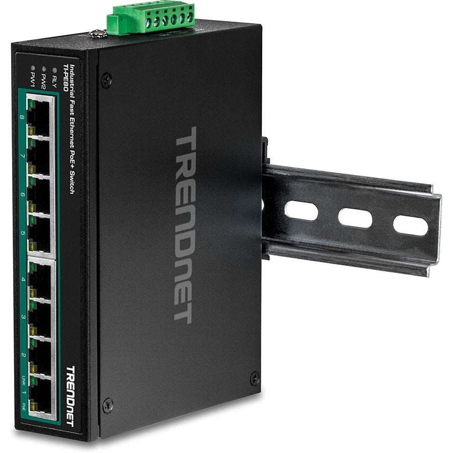TRENDnet 8-Port Industrial Fast Ethernet PoE+ DIN-Rail Switch;TI-PE80;8 x Fast Ethernet PoE+ Ports;IP30 Network Unmanaged Switch;200W PoE Power Budget; 1.6Gbps Switching Capacity; Lifetime Protection — TI-PE80