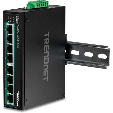 TRENDnet 8-Port Industrial Fast Ethernet PoE+ DIN-Rail Switch;TI-PE80;8 x Fast Ethernet PoE+ Ports;IP30 Network Unmanaged Switch;200W PoE Power Budget; 1.6Gbps Switching Capacity; Lifetime Protection — TI-PE80