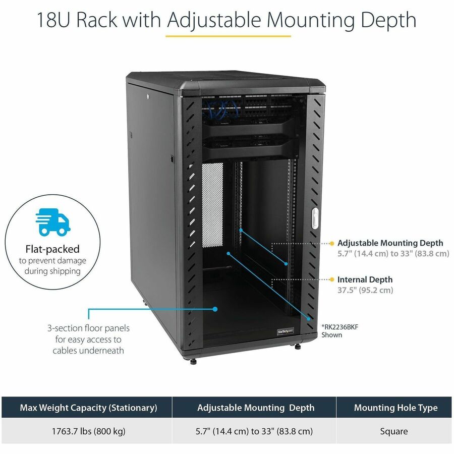 StarTech.com 4-Post 18U Server Rack Cabinet, 19" Data Rack Cabinet for Computer / IT Equipment, Home Network Rack, Half Height Server Rack — RK1836BKF
