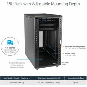 StarTech.com 4-Post 18U Server Rack Cabinet, 19" Data Rack Cabinet for Computer / IT Equipment, Home Network Rack, Half Height Server Rack — RK1836BKF