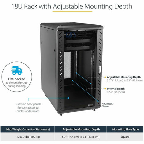 StarTech.com 4-Post 18U Server Rack Cabinet, 19" Data Rack Cabinet for Computer / IT Equipment, Home Network Rack, Half Height Server Rack — RK1836BKF