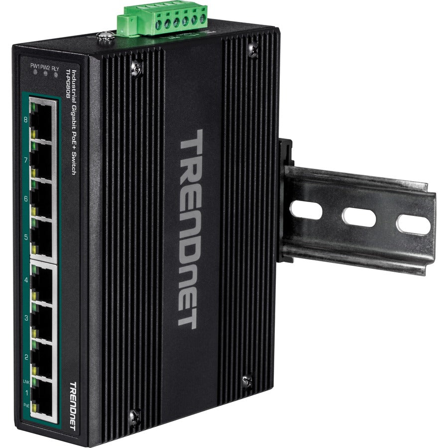 TRENDnet 8-Port Hardened Industrial Unmanaged Gigabit 10/100/1000Mbps DIN-Rail Switch w/ 8 x Gigabit PoE+ Ports; TI-PG80B; 24 56V DC Power inputs with Overload Protection