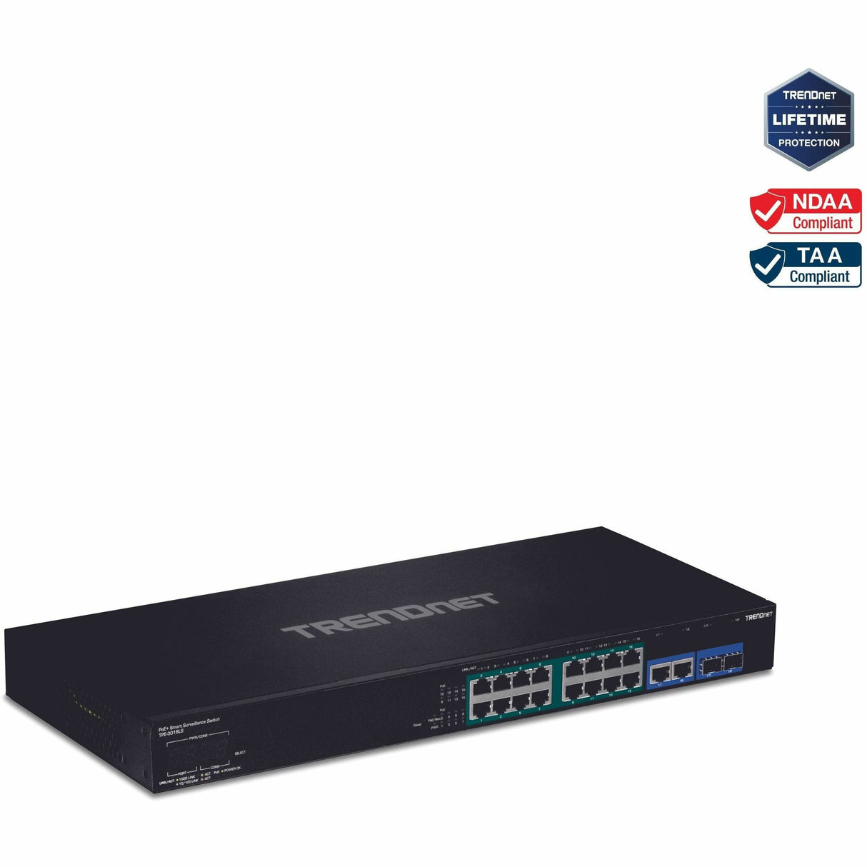 Roll over image to zoom in TRENDnet 18-Port Gigabit PoE+ Smart Surveillance Switch with 16 x Gigabit PoE+ Ports; TPE-3018LS; 2 x Shared Gigabit Ports (RJ-45 or SFP); 220W PoE Budget; Long Range PoE+; VLAN; QoS; LACP; ONVIF