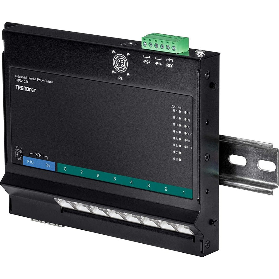 TRENDnet 10-Port Industrial Gigabit PoE+ Wall-Mounted Front Access Switch; TI-PG102F; 8x Gigabit PoE+ Ports; 2 x Gigabit SFP Slots; 240W PoE Budget; DIN-Rail & Wall Mount Brackets Included; IP40 Rated