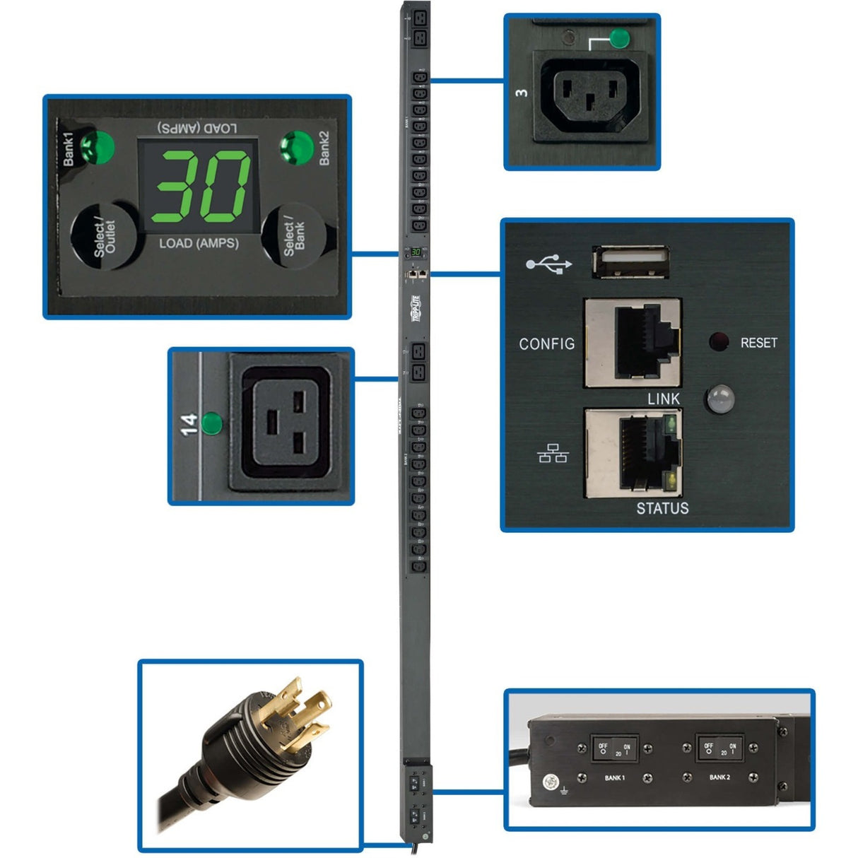 Tripp Lite by Eaton PDU 5.5kW Single-Phase Monitored Per-Outlet PDU - LX Platform 24 Outlets (208/230V) L6-30P Input 0U TAA — PDUNVR30HVLX
