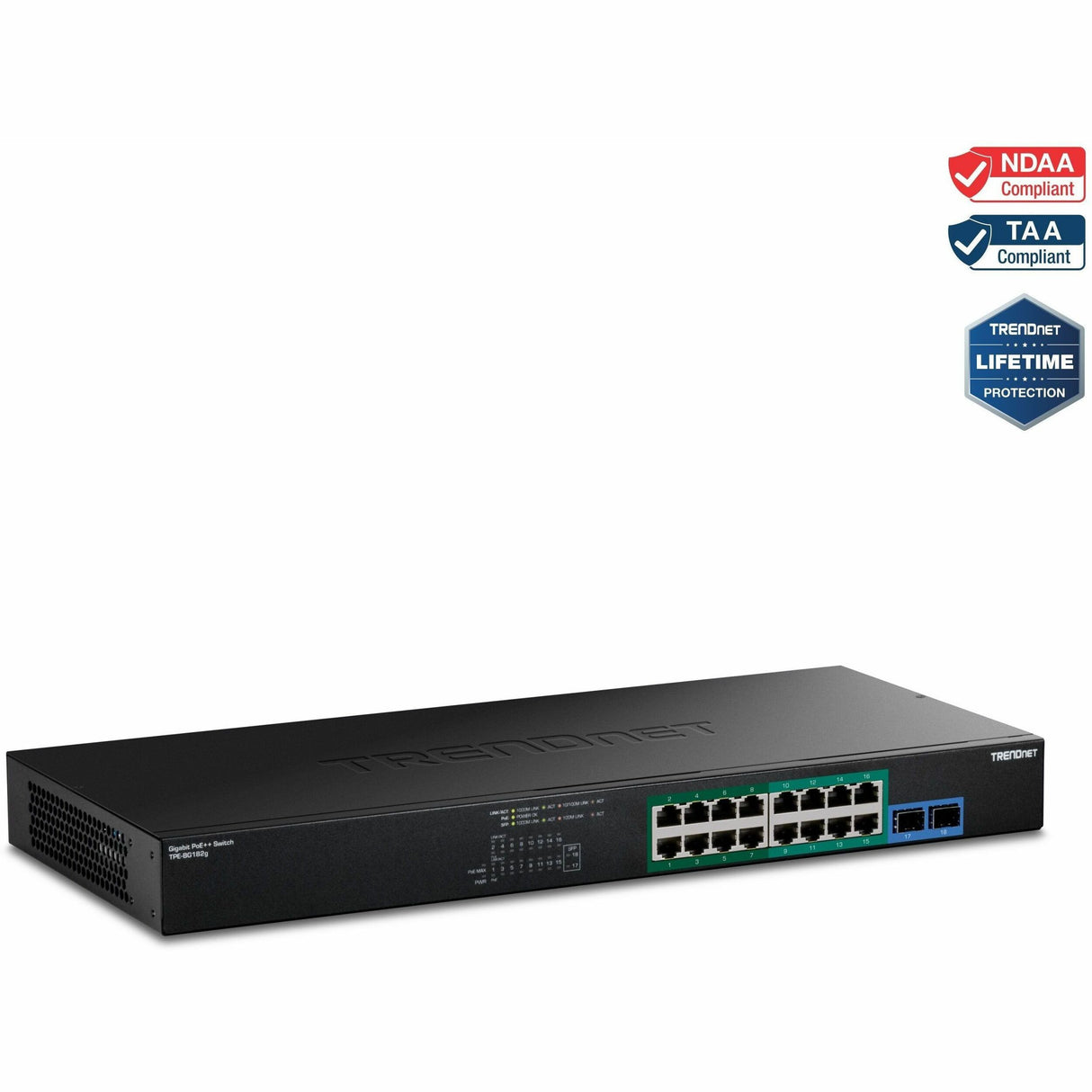TRENDnet TPE-BG182g, 18-Port Gigabit 470W PoE++ Switch with 8 x 95W PoE++ Ports, 8 x 30W PoE+ Ports, 2 Gigabit SFP Slots, 470W PoE Budget, 1U 19" Rack Mountable