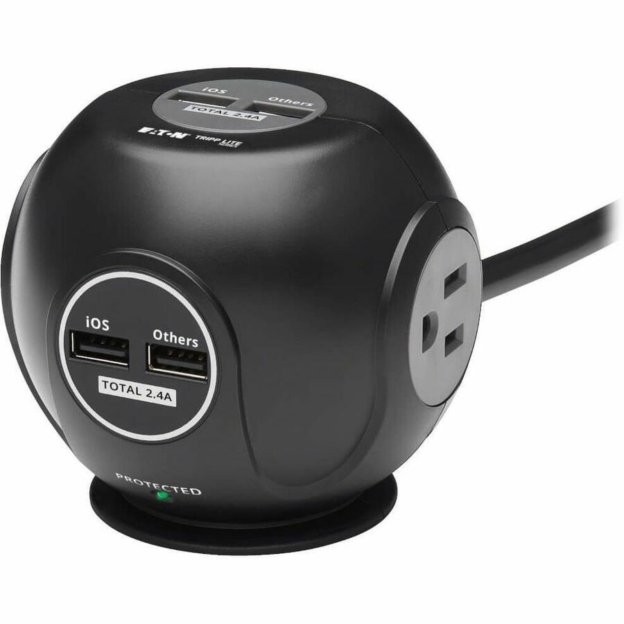 Tripp Lite by Eaton 3-Outlet Spherical Surge Protector, 4 USB Ports (4.8A Shared) - 6 ft. (1.83 m) Cord, 5-15P Plug, 540 Joules, Black — TLP36USB