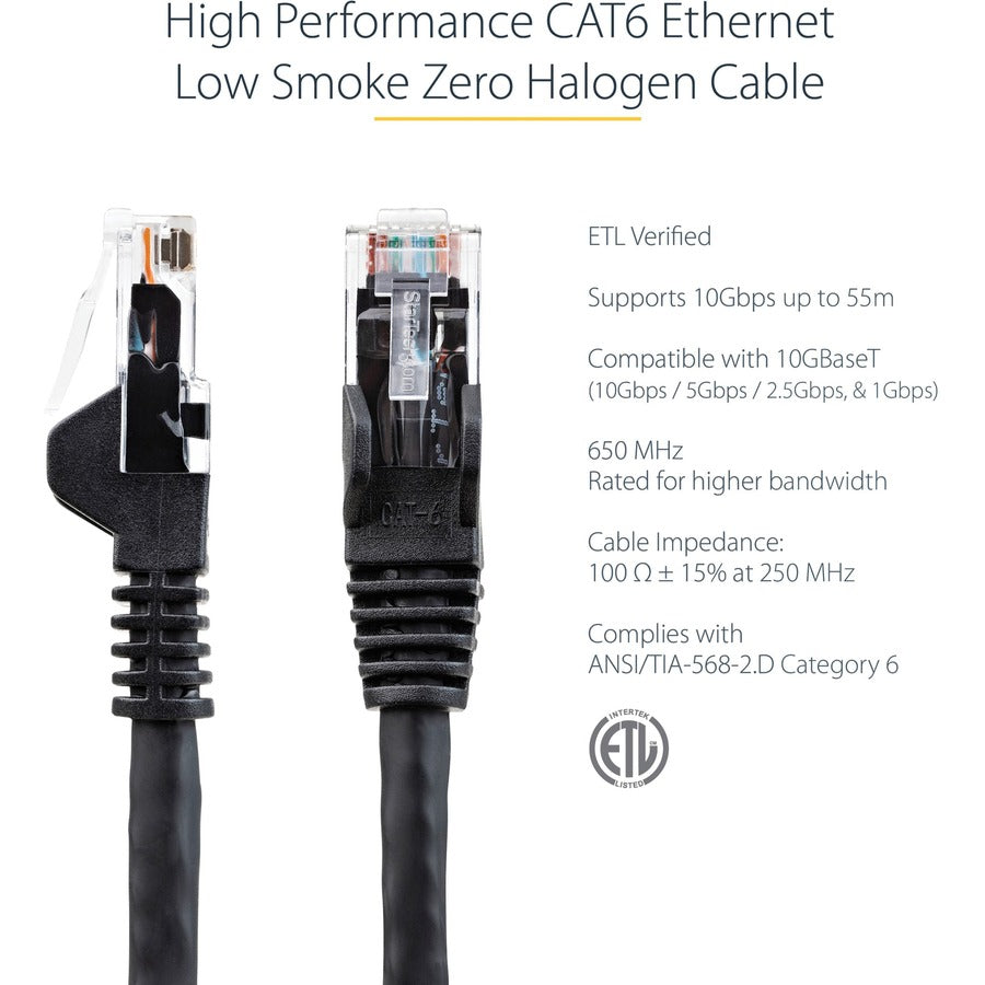 StarTech.com 7ft (2m) CAT6 Ethernet Cable, LSZH (Low Smoke Zero Halogen) 10 GbE Snagless 100W PoE UTP RJ45 Black Network Patch Cord, ETL — N6LPATCH7BK
