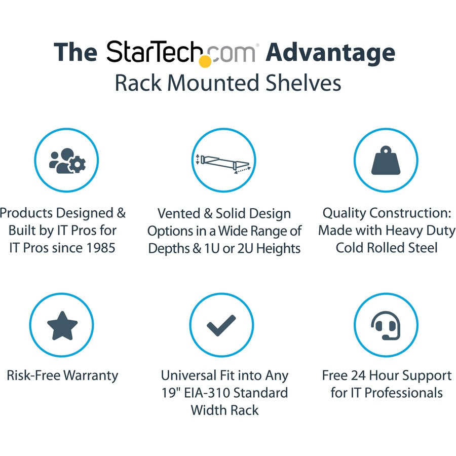 StarTech.com 1U Server Rack Cabinet Shelf - Fixed 20" Deep Cantilever Rackmount Tray for 19" Data/AV/Network Enclosure w/cage nuts, screws — SHELF-1U-20-FIXED-S
